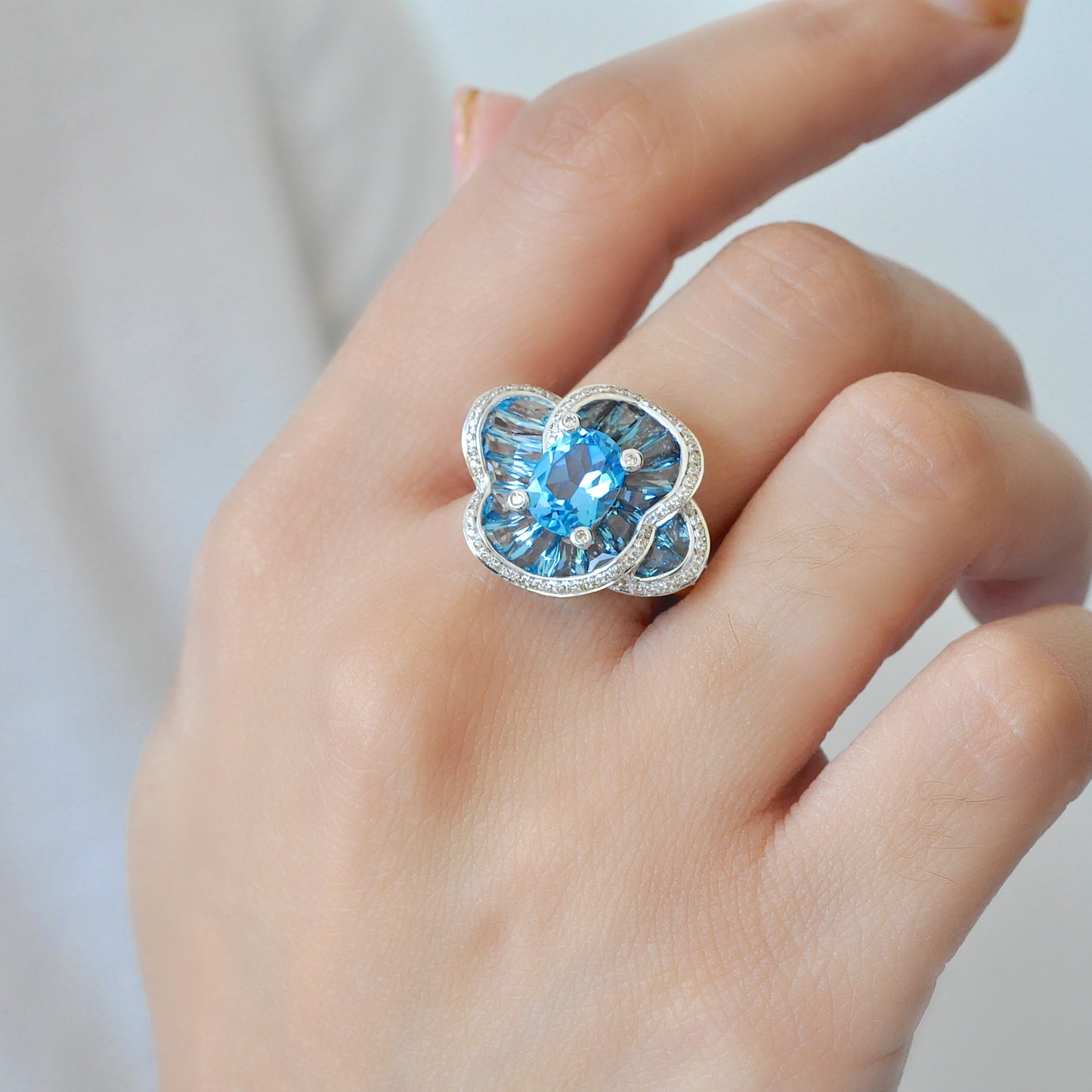 Blue Topaz Special Cut Flower Contemporary Cocktail Ring