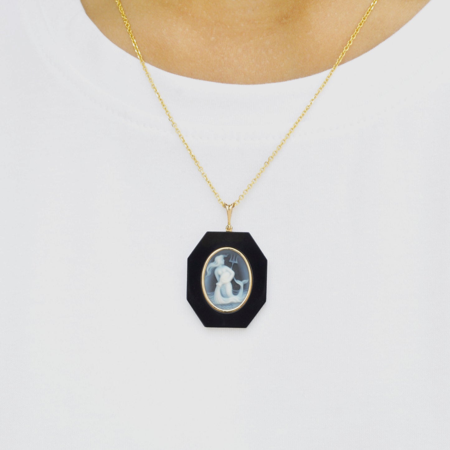 Aquarius Zodiac Agate Cameo Black Onyx Pendant Necklace