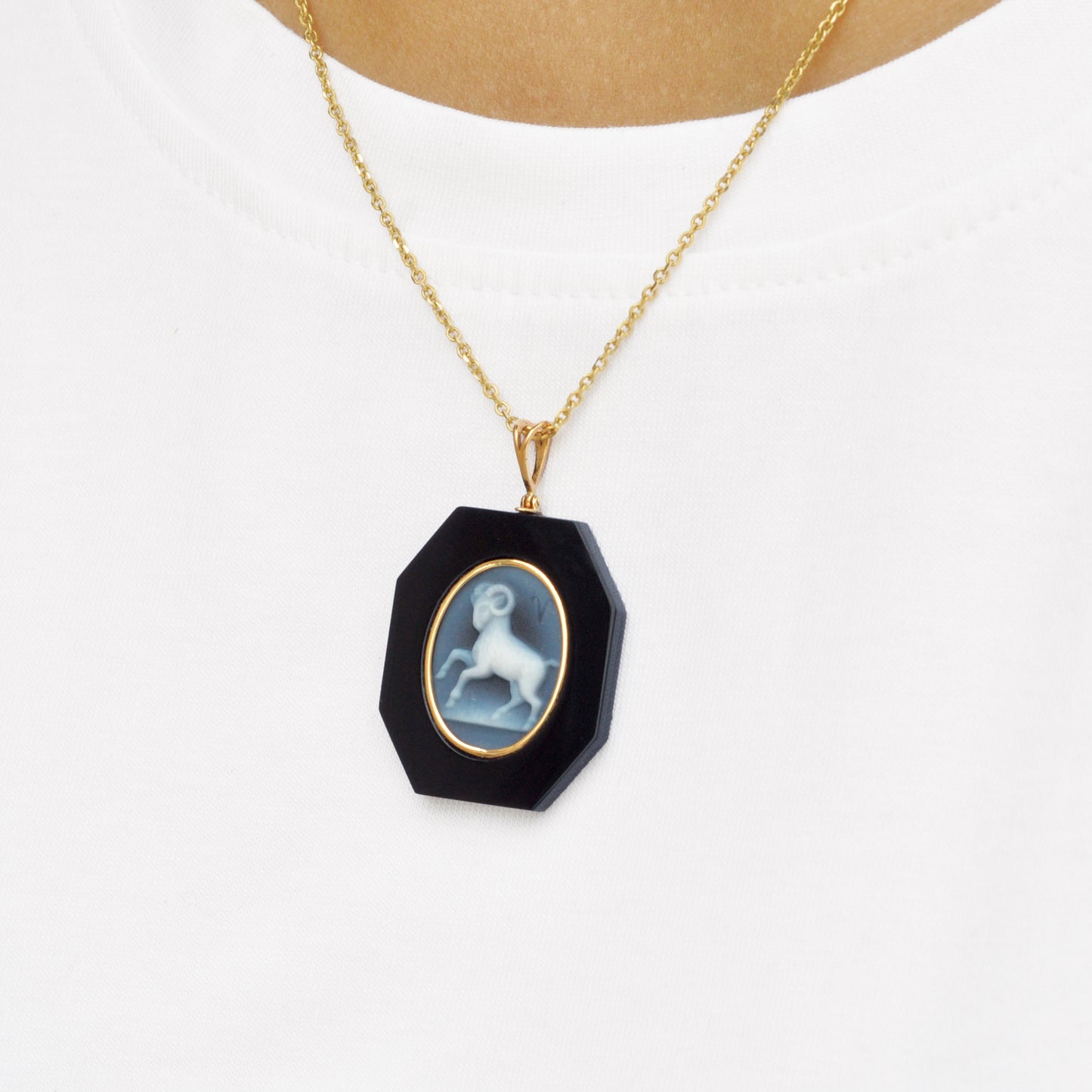 Aries Zodiac Agate Cameo Black Onyx Pendant Necklace