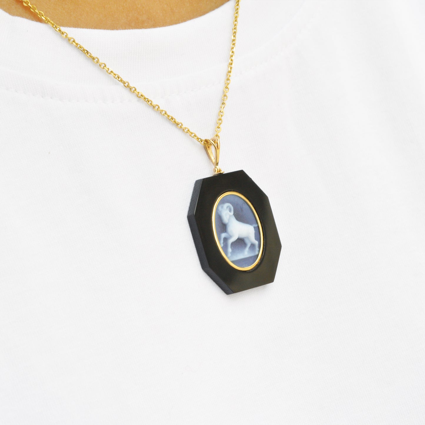 Aries Zodiac Agate Cameo Black Onyx Pendant Necklace