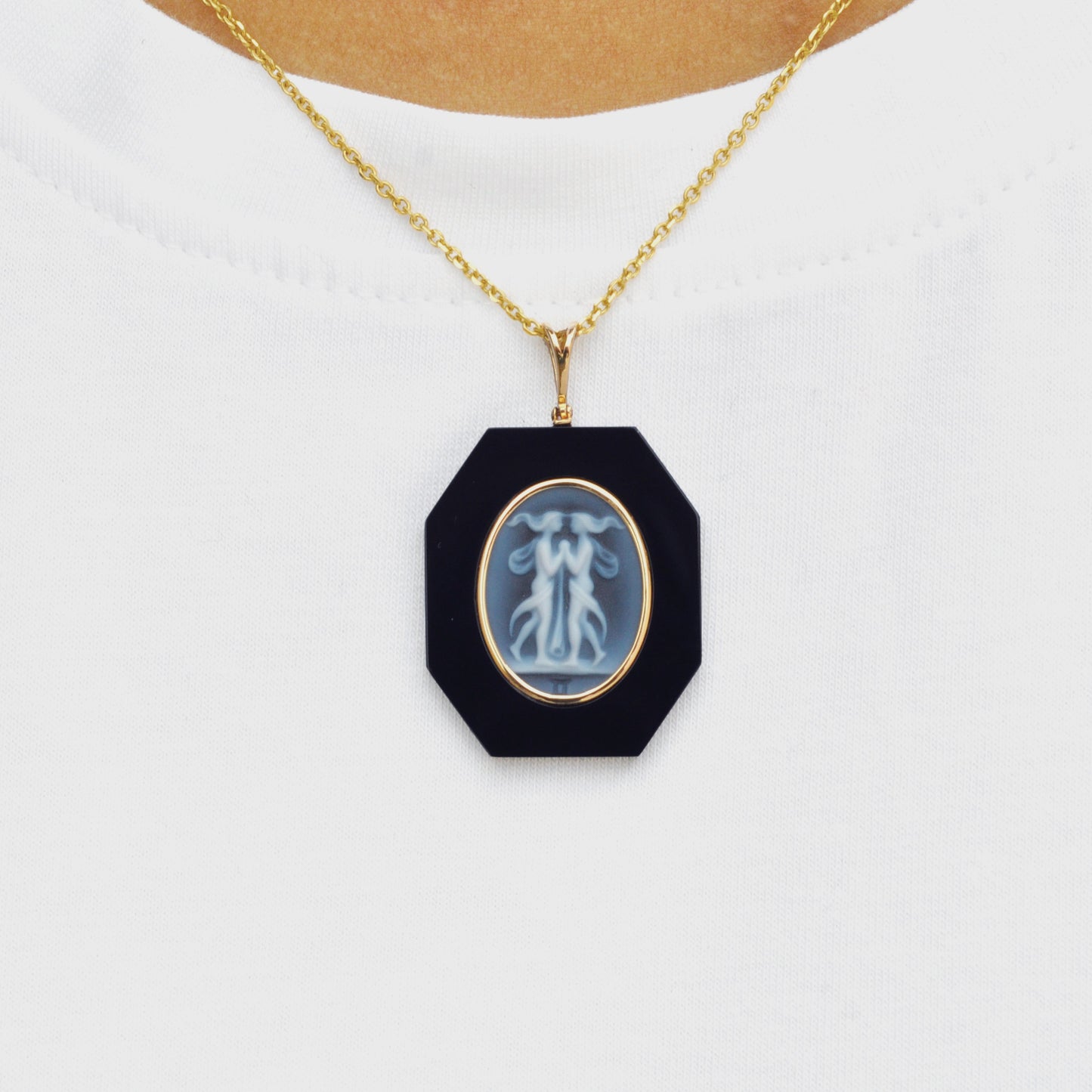 Gemini Zodiac Agate Cameo Black Onyx Pendant Necklace