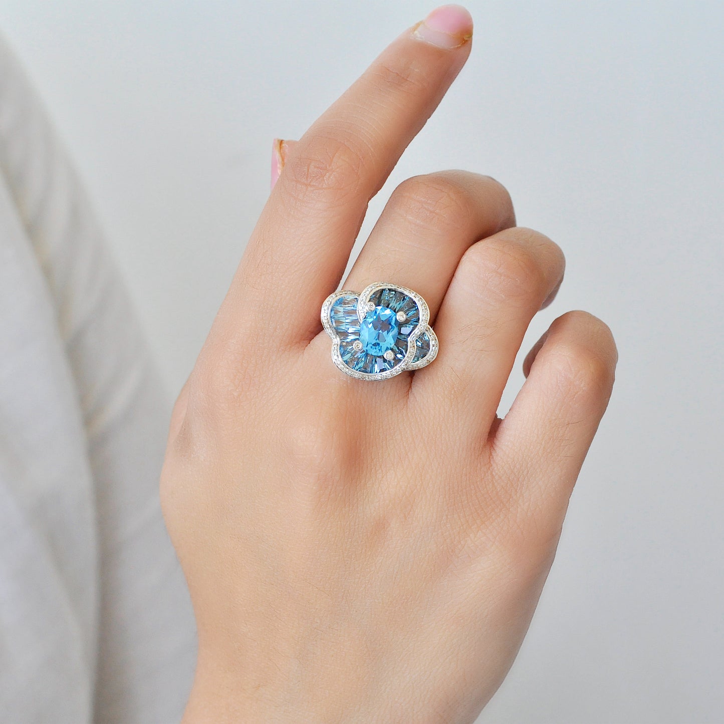 Blue Topaz Special Cut Flower Contemporary Cocktail Ring