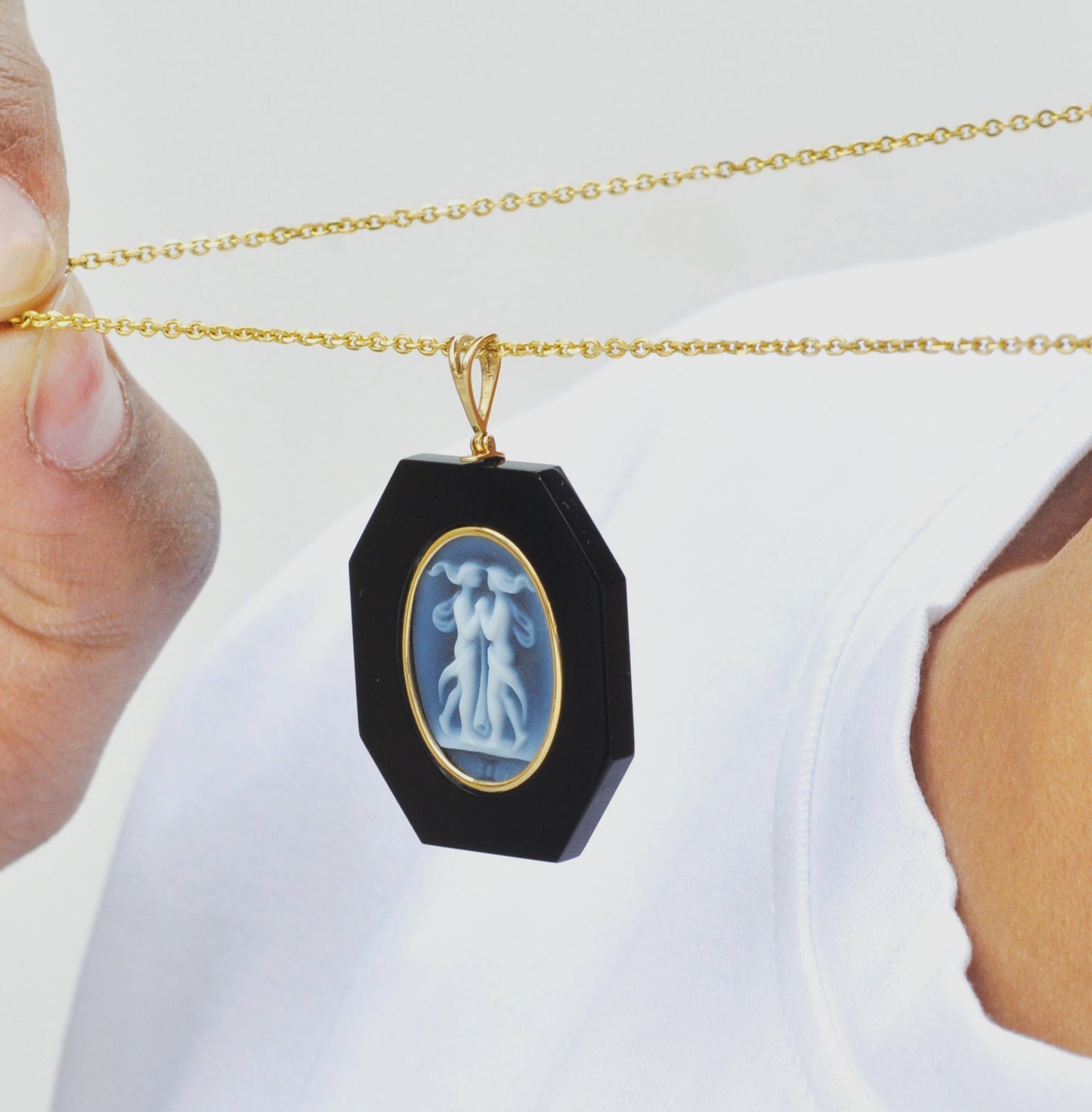 Gemini Zodiac Agate Cameo Black Onyx Pendant Necklace