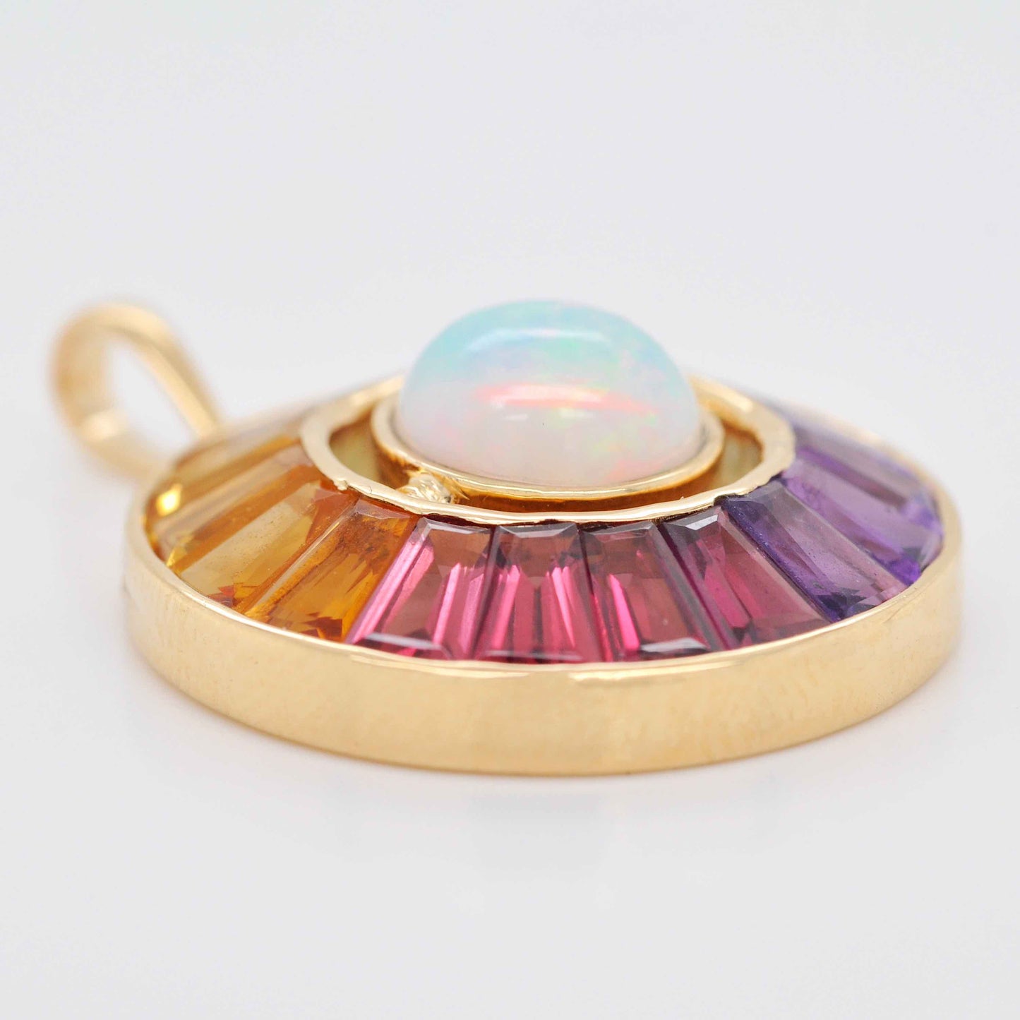 18K Gold Rainbow Gemstone Circle Diamond & Opal Reversible Pendant