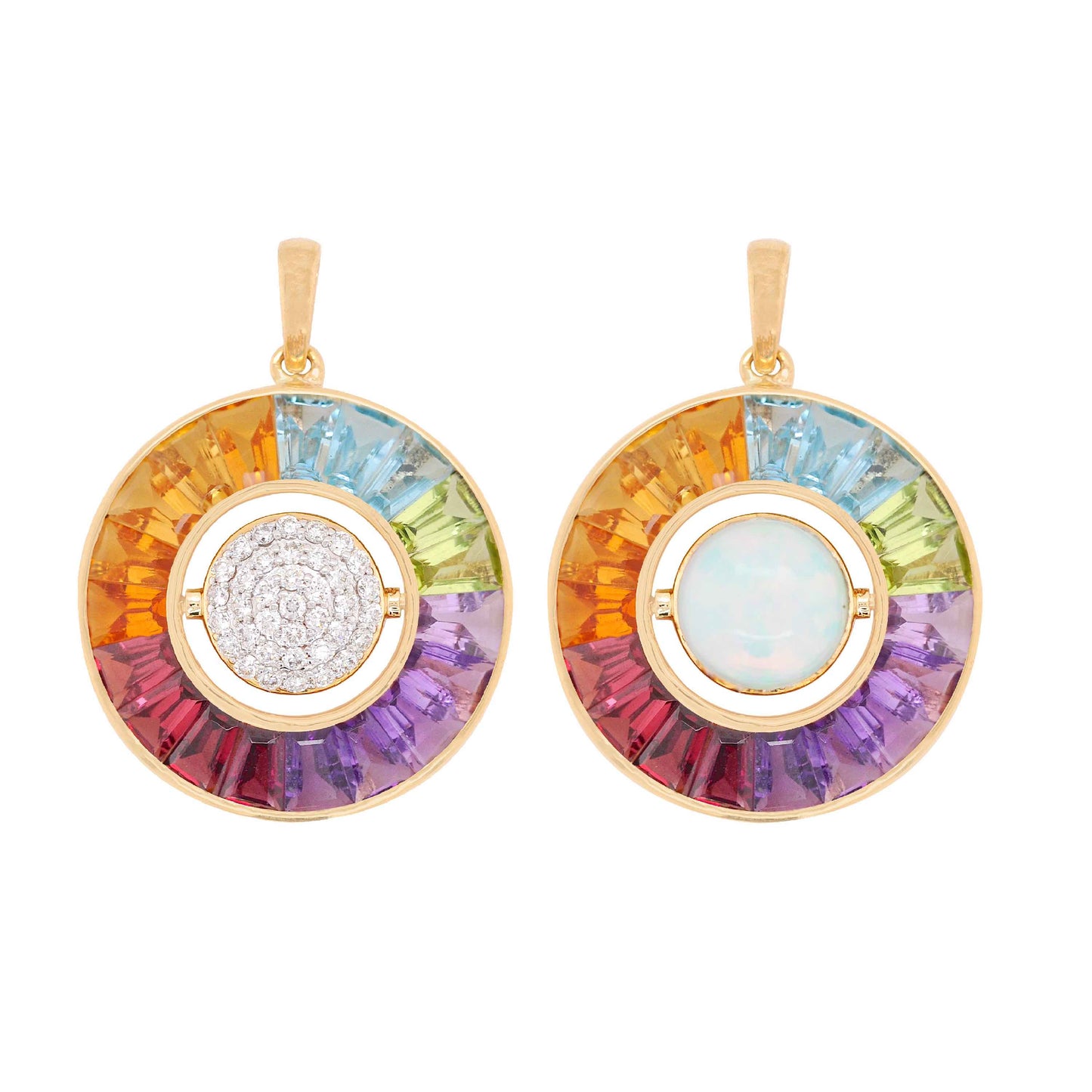 18K Gold Rainbow Gemstone Circle Diamond & Opal Reversible Pendant