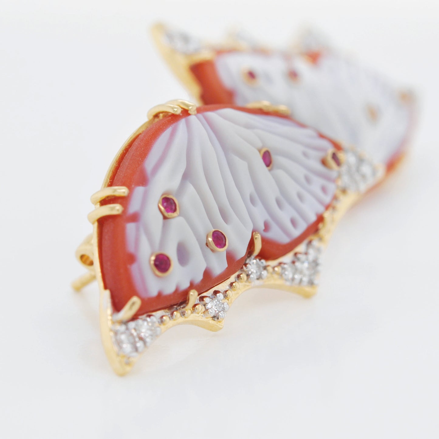 18K Gold Hand-Carved Red Agate Ruby Butterfly Diamond Stud Earrings