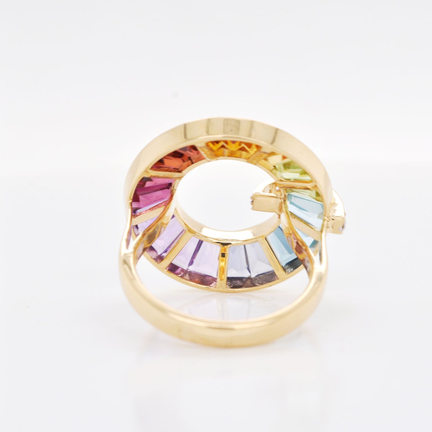 18K Gold Rainbow Baguette Gemstones Diamond Circle Ring