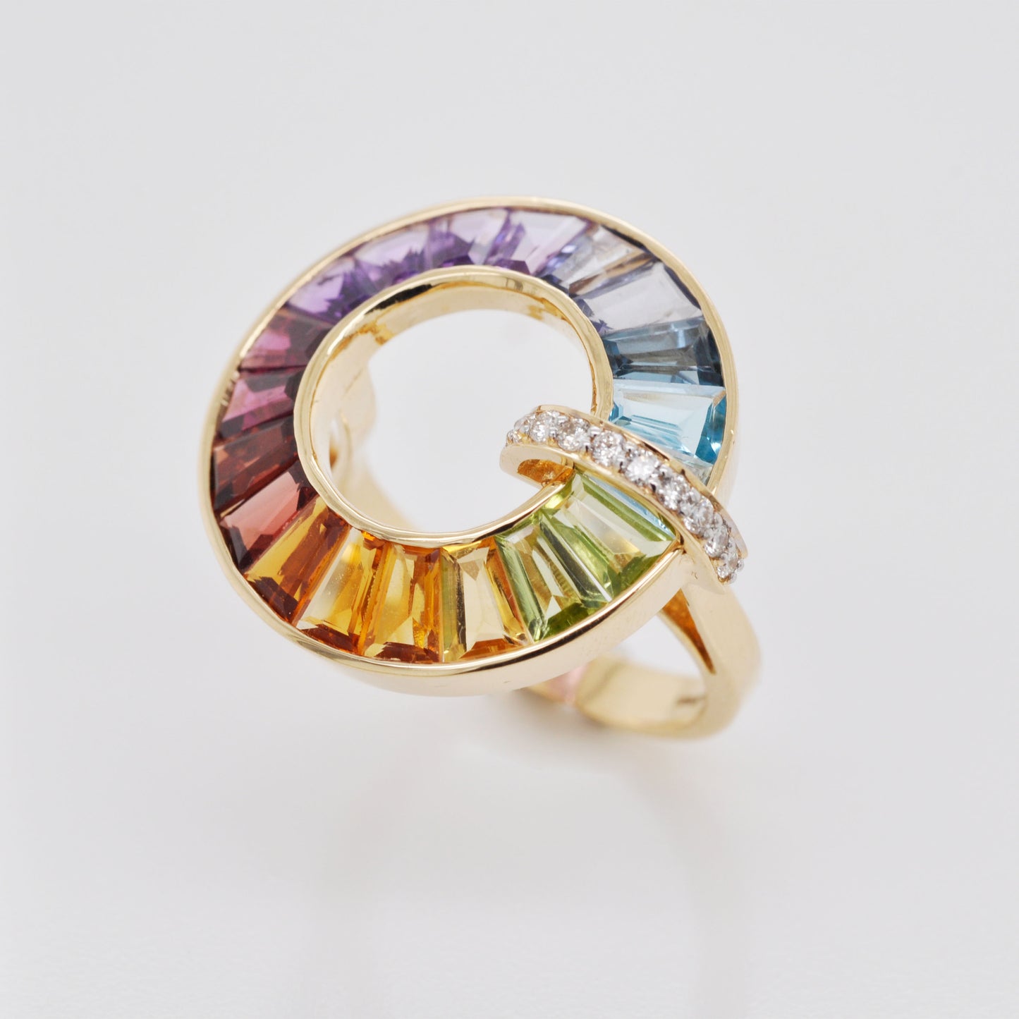 18K Gold Rainbow Baguette Gemstones Diamond Circle Ring