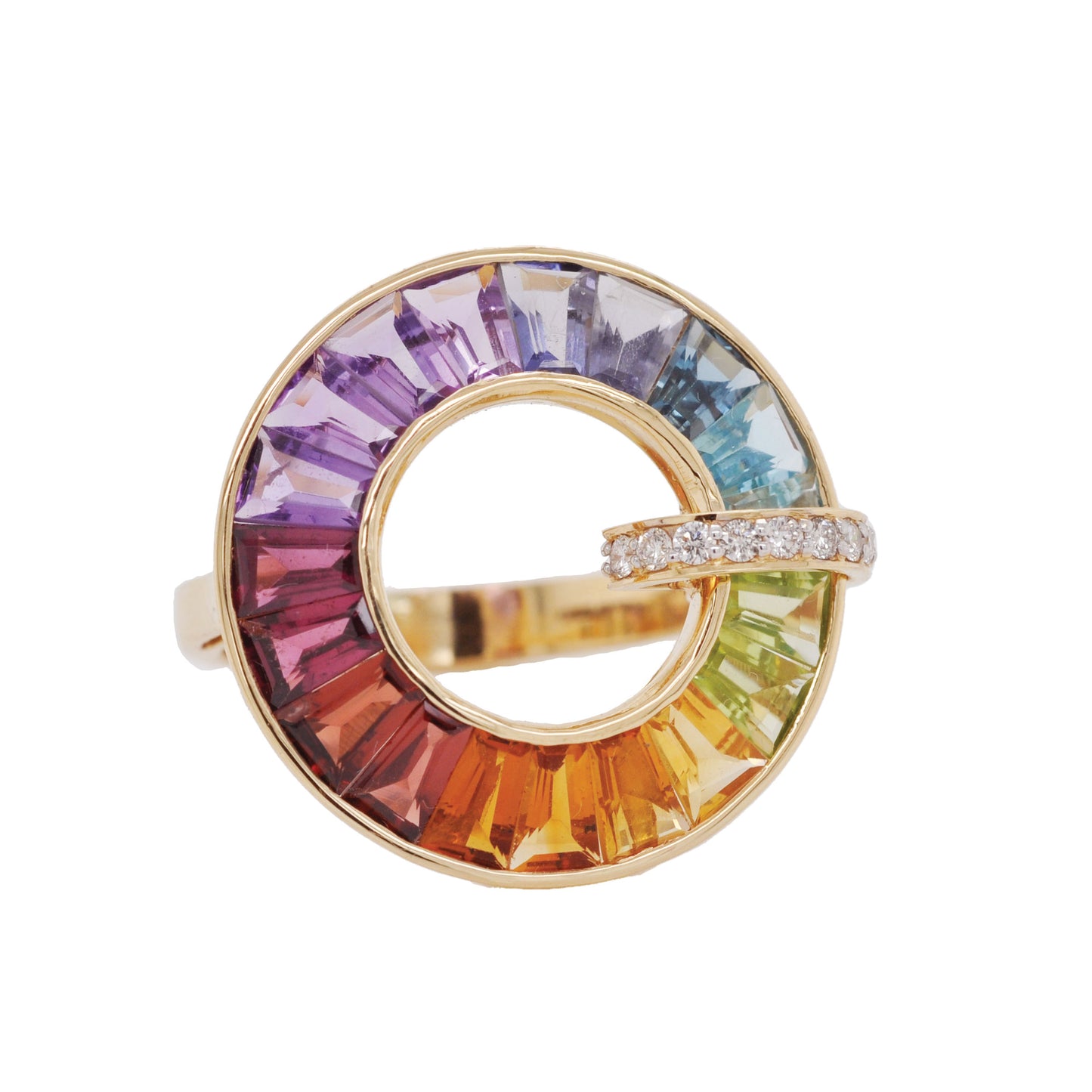 18K Gold Rainbow Baguette Gemstones Diamond Circle Ring