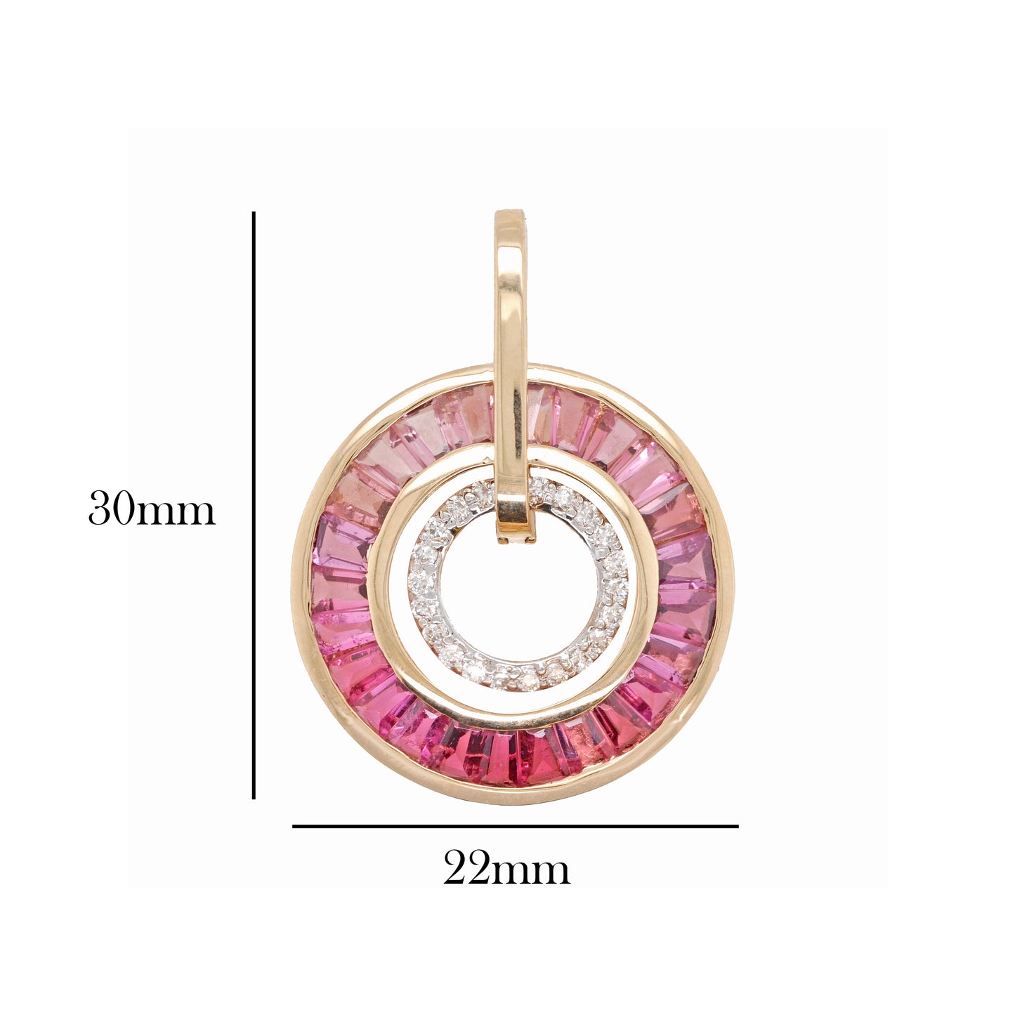 18K Gold Pink Tourmaline Taper Baguettes Diamond Circle Pendant