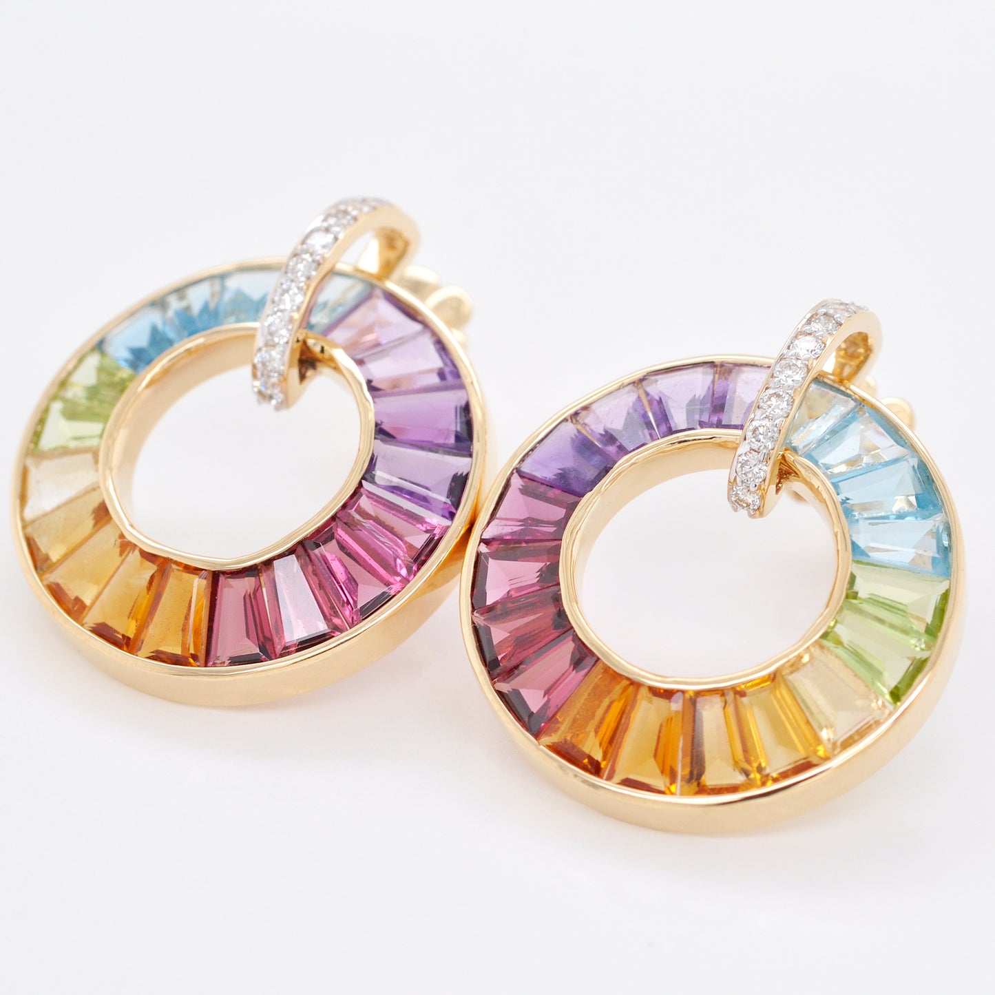 Classic Gold Rainbow Gemstones Diamond Circle Earrings