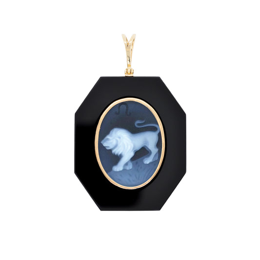 Leo Zodiac Agate Cameo Black Onyx Pendant Necklace