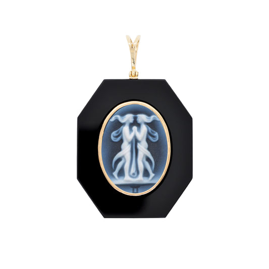 Gemini Zodiac Agate Cameo Black Onyx Pendant Necklace