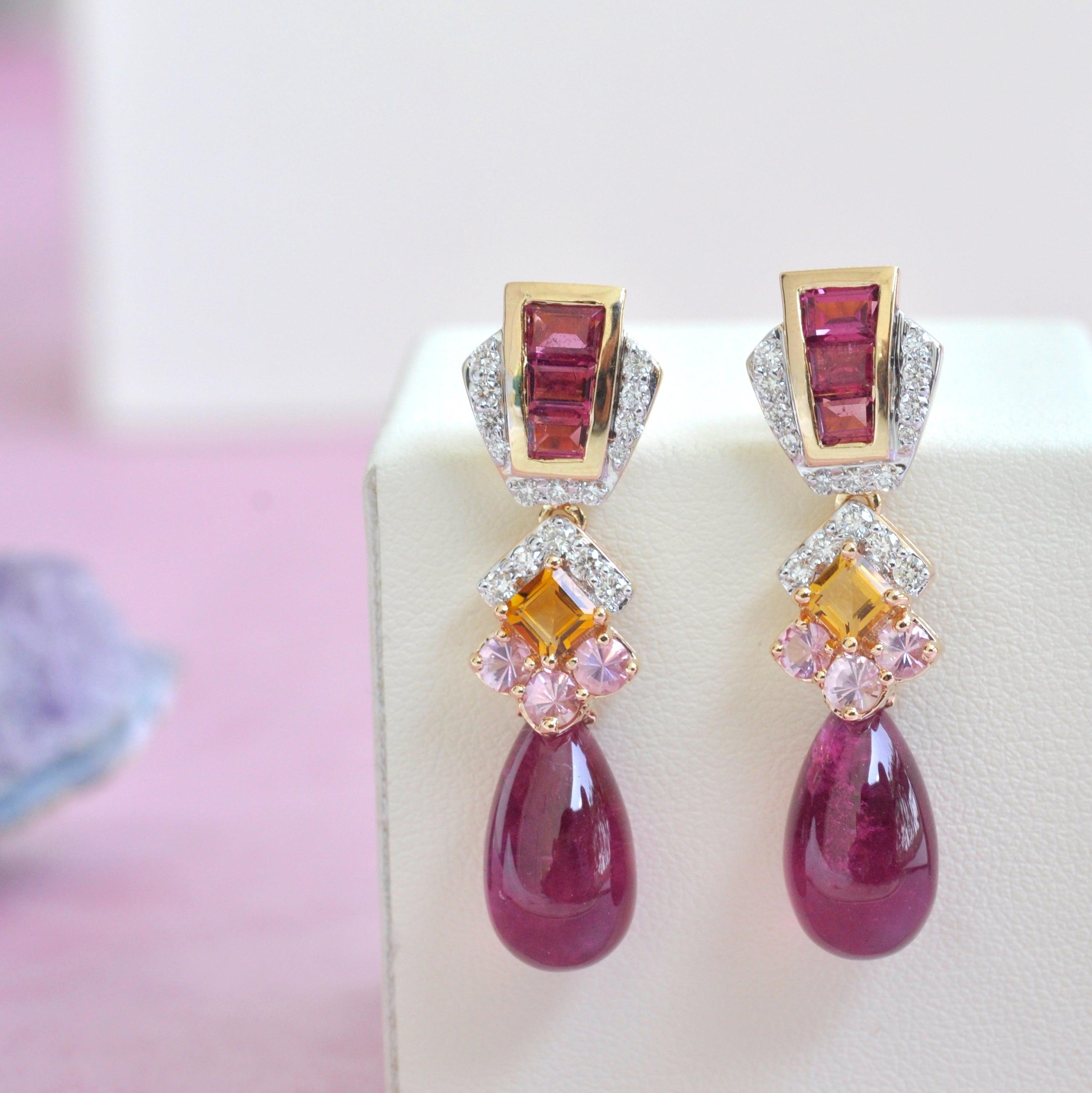 On sale Ruby and rubellite gemstone gold dangle earrings